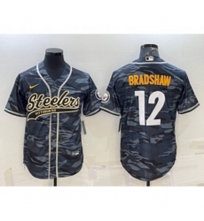 Pittsburgh Steelers #12 Terry Bradshaw Grey Navy Camo With Patch Cool Base Stitched Baseball Jersey