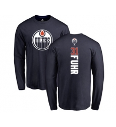 Edmonton Oilers #31 Grant Fuhr Navy Blue Backer Long Sleeve T-Shirt