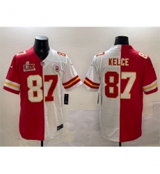 Kansas City Chiefs #87 Travis Kelce Red & White Split 2025 Super Bowl LIX Vapor Limited Stitched Football Jersey