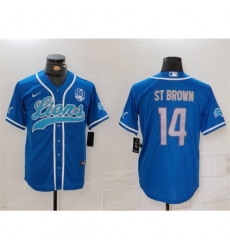 Detroit Lions #14 Amon-Ra St. Brown Blue With 90th Anniversary Cool Base Stitched Baseball Jersey