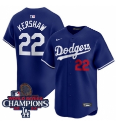 Los Angeles Dodgers Clayton Kershaw #22 Blue Flex Base 2024 World Series Champions Stitched MLB Jersey