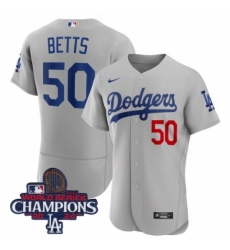 Los Angeles Dodgers Mookie Betts #50 Gray Flex Base 2024 World Series Champions Stitched MLB Jersey II