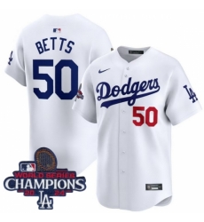 Los Angeles Dodgers Mookie Betts #50 White Flex Base 2024 World Series Champions Stitched MLB Jersey