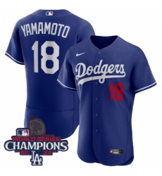 Los Angeles Dodgers Yoshinobu Yamamoto #18 Blue Flex Base 2024 World Series Champions Stitched MLB Jersey