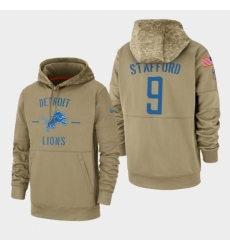 Detroit Lions #9 Matthew Stafford 2019 Salute to Service Sideline Therma Pullover Hoodie Tan