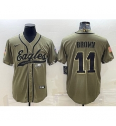 Philadelphia Eagles #11 A. J. Brown Olive 2022 Salute To Service Cool Base Stitched Baseball Jersey