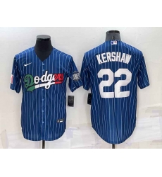 Los Angeles Dodgers #22 Clayton Kershaw Navy Blue Pinstripe 2020 World Series Cool Base Nike Jersey