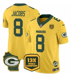 Green Bay Packers #8 Josh Jacobs Cheese Gold 2024 F U S E 13 Time World Champions And Home Patch Vapor Untouchable Limited Stitched Football Jersey