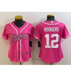 Women Green Bay Packers #12 Aaron Rodgers Pink With Patch Cool Base Stitched Baseball Jersey