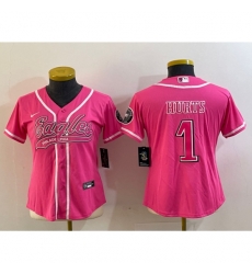 Women Philadelphia Eagles #1 Jalen Hurts Pink Cool Base Stitched Baseball Jersey