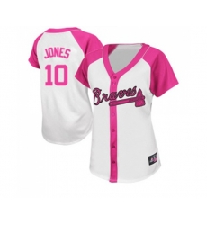 Womens Atlanta Braves #10 Chipper Jones Authentic White Pink Splash Fashion Baseball Jersey