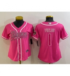 Women Chicago Bears #1 Justin Fields Pink With Patch Cool Base Stitched Baseball Jersey