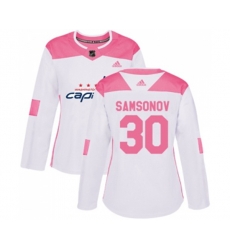 Women Washington Capitals #30 Ilya Samsonov Authentic White Pink Fashion NHL Jersey