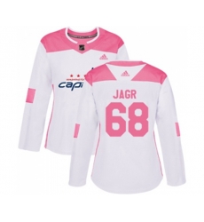 Women Washington Capitals #68 Jaromir Jagr Authentic White Pink Fashion NHL Jersey