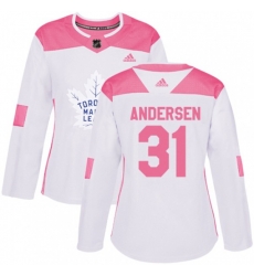 Women Toronto Maple Leafs #31 Frederik Andersen Authentic White Pink Fashion NHL Jersey