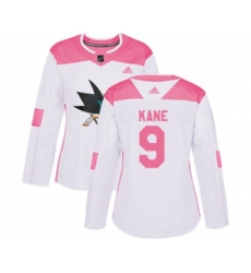 Women Adidas San Jose Sharks #9 Evander Kane Authentic White Pink Fashion NHL Jersey