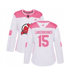 Women New Jersey Devils #15 Jamie Langenbrunner Authentic White Pink Fashion Hockey Jersey