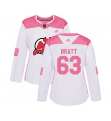 Women New Jersey Devils #63 Jesper Bratt Authentic White Pink Fashion Hockey Jersey