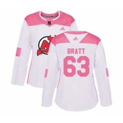 Women New Jersey Devils #63 Jesper Bratt Authentic White Pink Fashion Hockey Jersey