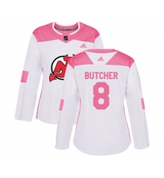 Women New Jersey Devils #8 Will Butcher Authentic White Pink Fashion Hockey Jersey