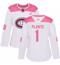 Women Montreal Canadiens #1 Jacques Plante Authentic White Pink Fashion NHL Jersey