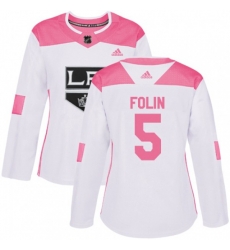 Womens Los Angeles Kings #5 Christian Folin Authentic White Pink Fashion NHL Jersey