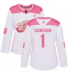 Womens Detroit Red Wings #1 Terry Sawchuk Authentic White Pink Fashion NHL Jersey Womens Detroit Red Wings #1 Terry Sawchuk Authentic White Pink Fashion NHL Jersey