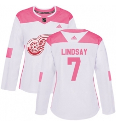 Womens Detroit Red Wings #7 Ted Lindsay Authentic White Pink Fashion NHL Jersey