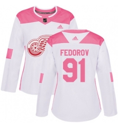 Womens Detroit Red Wings #91 Sergei Fedorov Authentic White Pink Fashion NHL Jersey