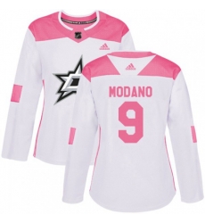 Womens Dallas Stars #9 Mike Modano Authentic White Pink Fashion NHL Jersey
