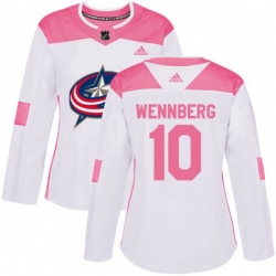 Womens Columbus Blue Jackets #10 Alexander Wennberg Authentic White Pink Fashion NHL Jersey