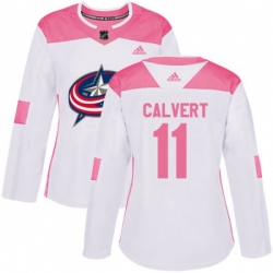 Womens Columbus Blue Jackets #11 Matt Calvert Authentic White Pink Fashion NHL Jersey