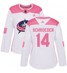 Womens Columbus Blue Jackets #14 Jordan Schroeder Authentic White Pink Fashion NHL Jersey