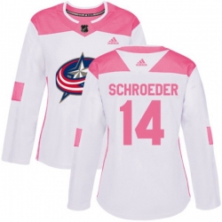 Womens Columbus Blue Jackets #14 Jordan Schroeder Authentic White Pink Fashion NHL Jersey