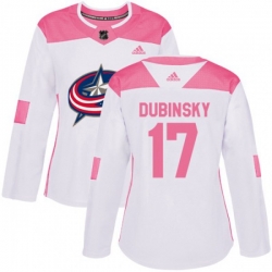 Womens Columbus Blue Jackets #17 Brandon Dubinsky Authentic White Pink Fashion NHL Jersey