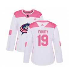 Womens Columbus Blue Jackets #19 Liam Foudy Authentic White Pink Fashion NHL Jersey