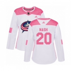Womens Columbus Blue Jackets #20 Riley Nash Authentic White Pink Fashion NHL Jersey