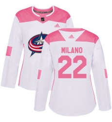 Womens Columbus Blue Jackets #22 Sonny Milano Authentic White Pink Fashion NHL Jersey