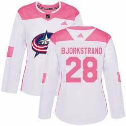 Womens Columbus Blue Jackets #28 Oliver Bjorkstrand Authentic White Pink Fashion NHL Jersey