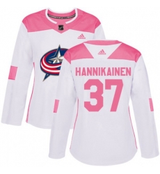 Womens Columbus Blue Jackets #37 Markus Hannikainen Authentic White Pink Fashion NHL Jersey