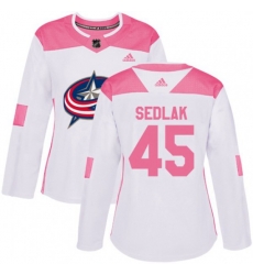 Womens Columbus Blue Jackets #45 Lukas Sedlak Authentic White Pink Fashion NHL Jersey
