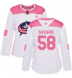 Womens Columbus Blue Jackets #58 David Savard Authentic White Pink Fashion NHL Jersey