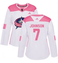 Womens Columbus Blue Jackets #7 Jack Johnson Authentic White Pink Fashion NHL Jersey