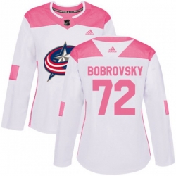 Womens Columbus Blue Jackets #72 Sergei Bobrovsky Authentic White Pink Fashion NHL Jersey