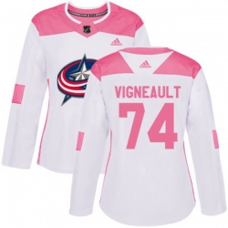 Womens Columbus Blue Jackets #74 Sam Vigneault Authentic White Pink Fashion NHL Jersey