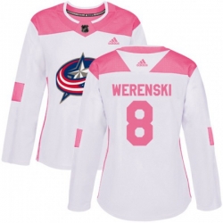 Womens Columbus Blue Jackets #8 Zach Werenski Authentic White Pink Fashion NHL Jersey