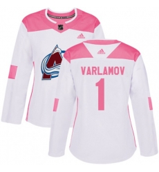 Womens Colorado Avalanche #1 Semyon Varlamov Authentic White Pink Fashion NHL Jersey