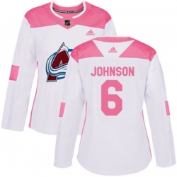 Womens Colorado Avalanche #6 Erik Johnson Authentic White Pink Fashion NHL Jersey