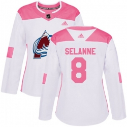 Womens Colorado Avalanche #8 Teemu Selanne Authentic White Pink Fashion NHL Jersey