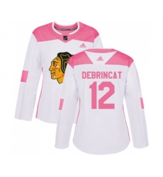 Womens Chicago Blackhawks #12 Alex DeBrincat Authentic White Pink Fashion NHL Jersey
